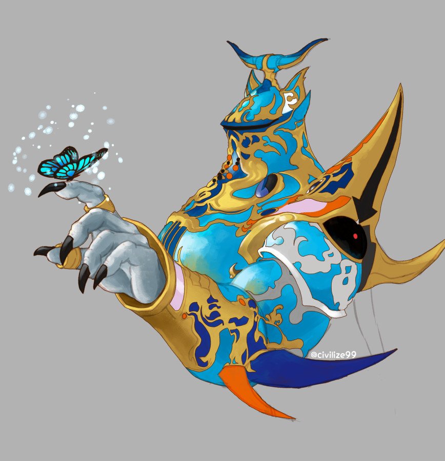 1boy armor black_nails blue_armor blue_butterfly bug butterfly civilize99 colored_skin commentary_request cropped_torso exdeath final_fantasy final_fantasy_v fingernails grey_background grey_skin insect knight male_focus outstretched_arm sharp_fingernails simple_background solo spiked_armor
