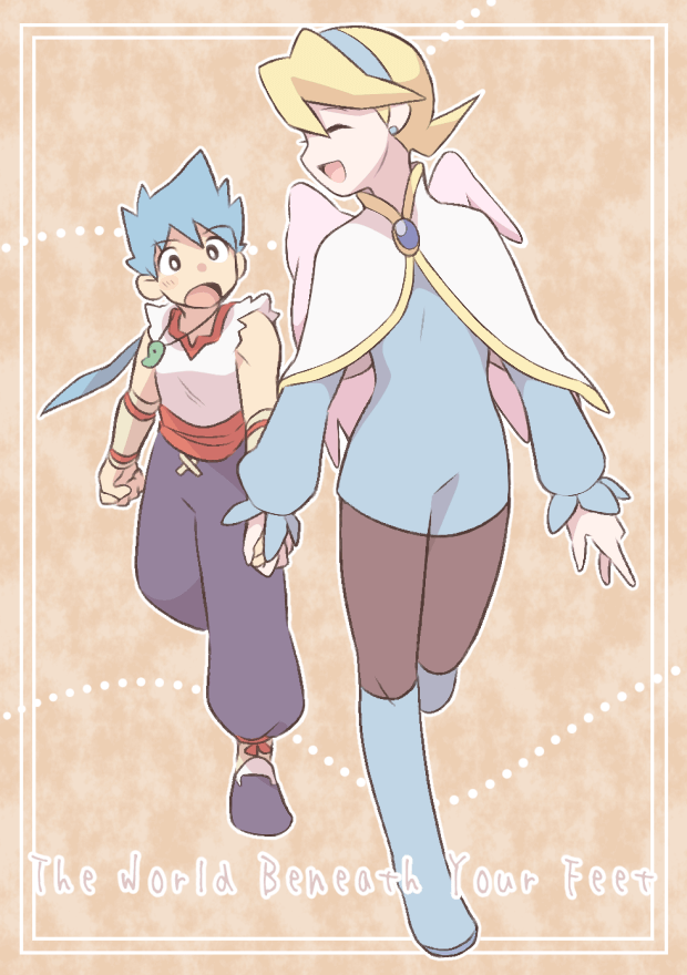 1boy 1girl angel_wings blonde_hair blue_hair breath_of_fire breath_of_fire_iv dress earrings feathered_wings full_body hairband jewelry magatama minashirazu necklace nina_(breath_of_fire_iv) open_mouth pantyhose ryu_(breath_of_fire_iv) short_hair skirt smile wings