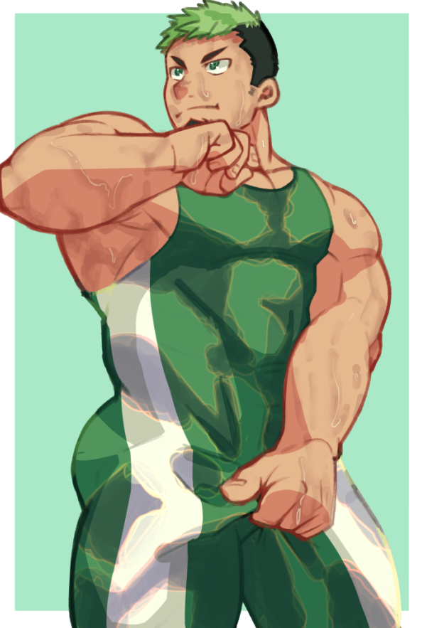 1boy bara black_hair covered_abs cowboy_shot dark-skinned_male dark_skin facial_hair goatee green_hair ikusaba_daisuke looking_to_the_side male_focus multicolored_hair muscular muscular_male pectoral_cleavage pectorals ragi_san_(ononokomachiimo) short_hair sideburns_stubble sidepec singlet solo standing stubble sweat sweaty_clothes thick_eyebrows thick_thighs thighs tokyo_houkago_summoners two-tone_hair very_sweaty wrestling_outfit