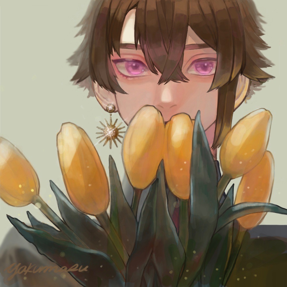 ambiguous_gender androgynous astrology bouquet brown_hair covered_mouth earrings flower gemini_(zodiac) hair_between_eyes holding holding_flower jewelry looking_at_viewer original pink_eyes short_hair simple_background sparkle sun tulip yksm_ktn zodiac