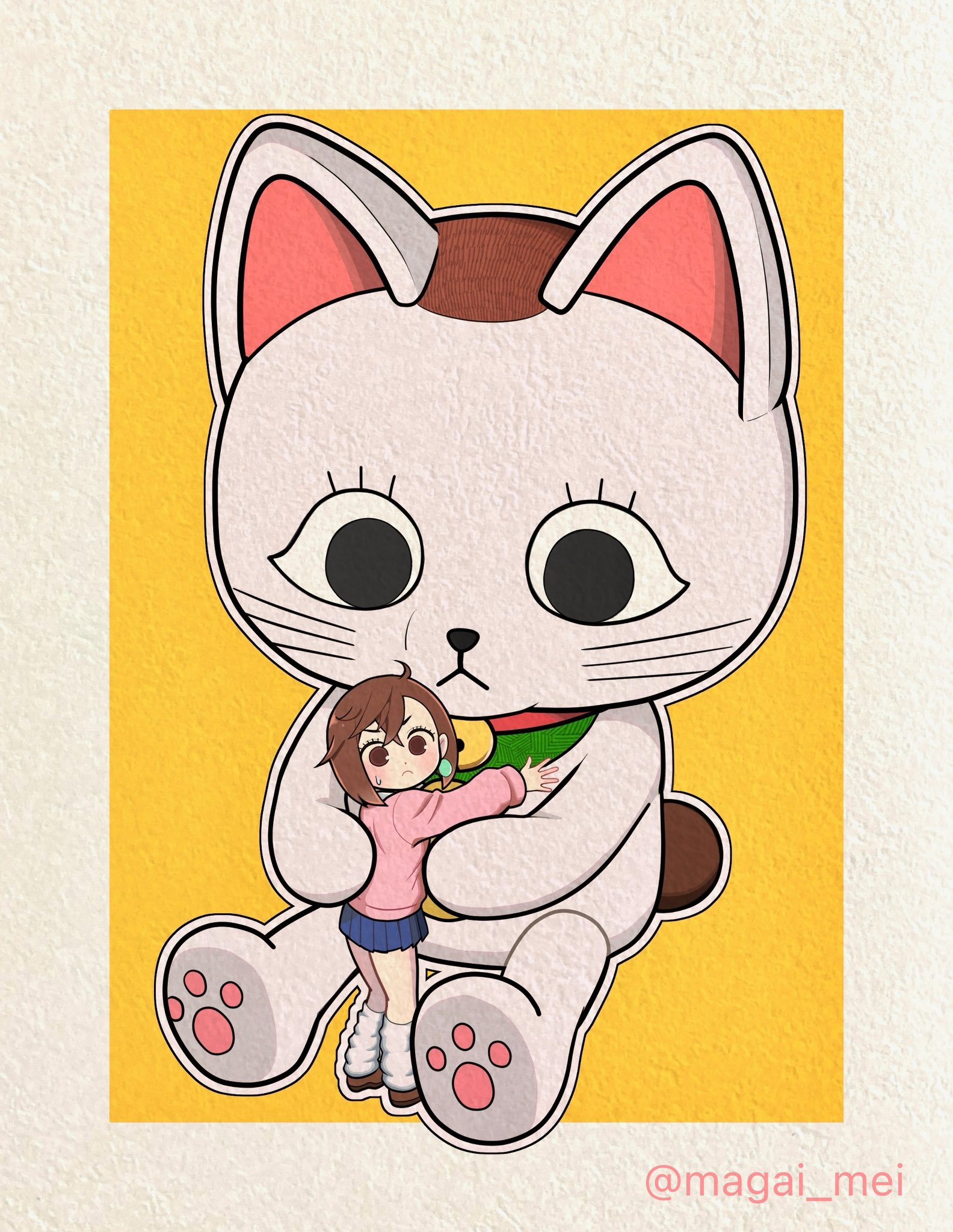 2girls animal_ears ayase_momo bell blush border brown_eyes brown_hair brown_shoes cat cat_ears closed_mouth commentary_request dandadan earrings full_body grey_border highres hug jewelry kneehighs long_sleeves looking_at_another looking_at_viewer looking_back loose_socks mini_person minigirl miniskirt multiple_girls neck_bell pink_sweater pleated_skirt school_uniform shoes short_hair sitting size_difference skirt socks standing suzuki_(magai_mei) sweatdrop sweater turbo_granny_(dandandan) twitter_username whiskers white_socks yellow_background