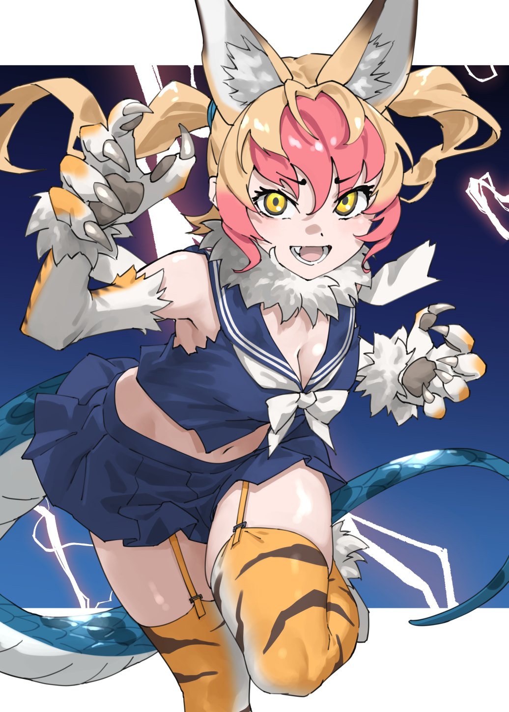1girl :d animal_ear_hairband animal_ears animal_hands animal_print blue_serafuku blue_skirt bow bowtie breasts claws cleavage commentary fake_animal_ears fang fur_collar garter_straps hair_between_eyes hairband highres kemono_friends leaning_forward lightning_background looking_at_viewer medium_breasts midriff multicolored_hair navel nue_(kemono_friends) open_mouth orange_thighhighs pawpads pink_hair pleated_skirt print_thighhighs school_uniform serafuku skirt smile snake_tail solo tail tanabe_(fueisei) thighhighs tiger_print two-tone_hair white_bow white_bowtie yellow_eyes zettai_ryouiki