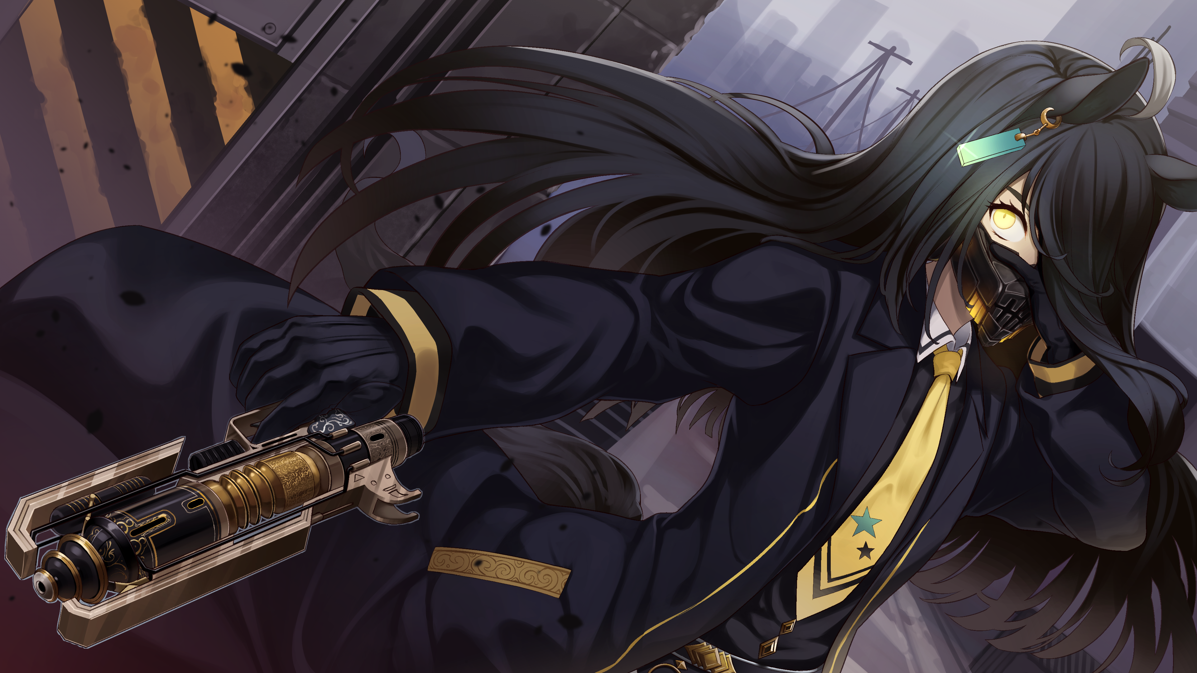 1girl absurdres animal_ears apex_legends b3_wingman black_coat black_gloves black_hair black_shirt coat collared_shirt debris dutch_angle earrings floating_hair glint gloves gun hair_ornament hair_over_one_eye hand_on_own_face handgun highres holding holding_gun holding_weapon horse_ears horse_girl horse_tail jewelry long_hair long_sleeves manhattan_cafe_(umamusume) mask mouth_mask multicolored_hair necktie outdoors outstretched_arm shiro3necro shirt single_earring solo streaked_hair tail umamusume upper_body utility_pole weapon yellow_eyes yellow_necktie