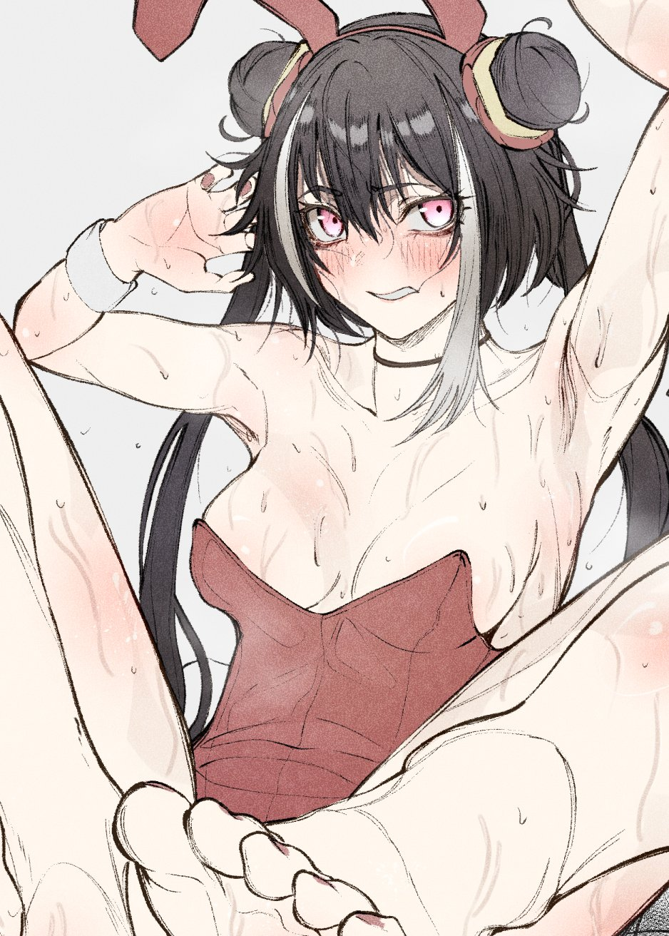 1girl animal_ear_hairband animal_ears barefoot black_hair cuffs double_bun fake_animal_ears feet hair_bun hairband highres jia_xichun_(project_moon) leotard limbus_company long_hair multicolored_hair nb8c pink_eyes playboy_bunny project_moon rabbit_ear_hairband rabbit_ears red_nails sidelocks solo steaming_body streaked_hair sweat twintails white_streaks