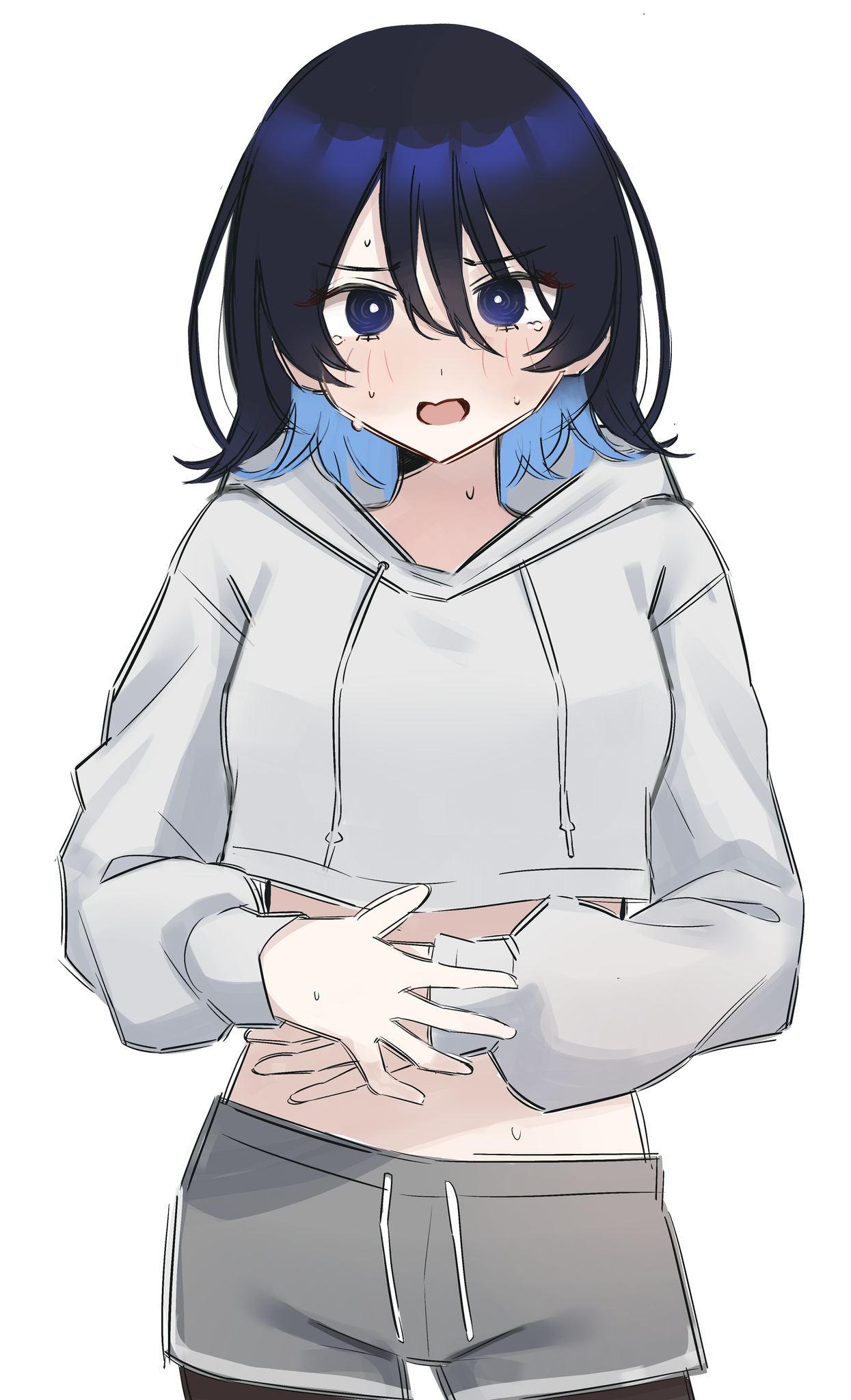 1girl black_pantyhose blue_eyes blue_hair blush covering_stomach cropped_hoodie crying crying_with_eyes_open grey_shorts hair_between_eyes highres hood hood_down hoodie indonesian_commentary long_sleeves looking_at_viewer open_mouth original pantyhose ringed_eyes sambel_kacang1 short_hair short_shorts shorts solo standing sweat tears upper_body white_background white_hoodie