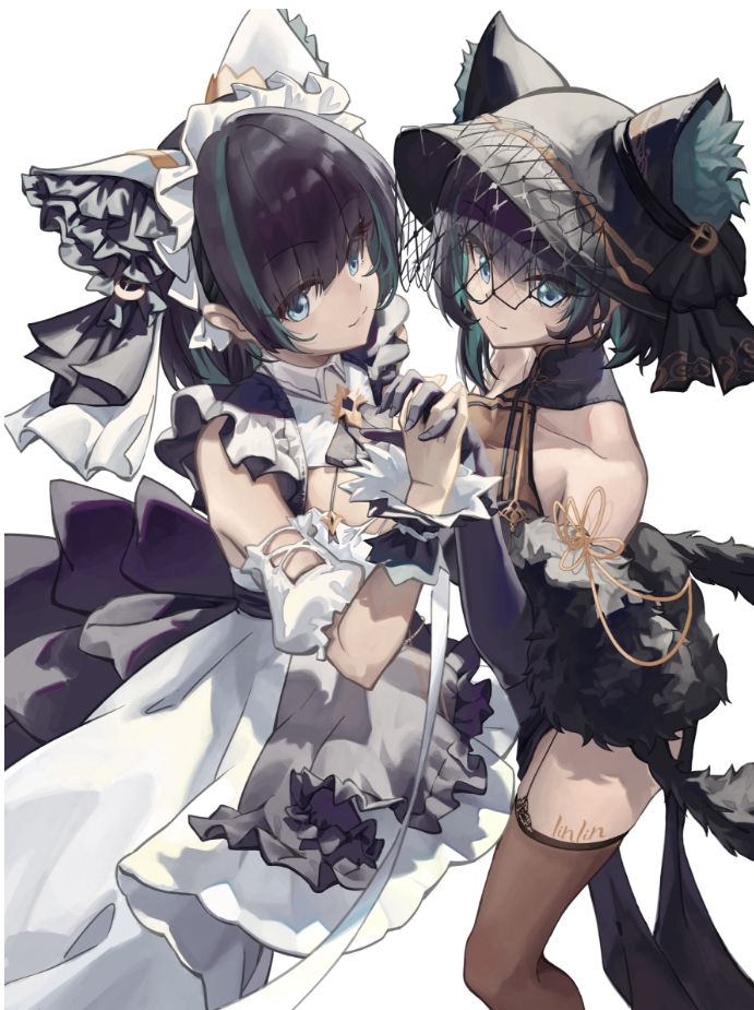 2girls animal_band animal_ear_headwear animal_ears apron aqua_eyes arm_garter azur_lane black_thighhighs cheshire_(azur_lane) cheshire_(cait_sith_crooner)_(azur_lane) china_dress chinese_clothes detached_sleeves dress dual_persona elbow_gloves fake_animal_ears feather_boa fedora frilled_hairband frilled_ribbon frills garter_straps gloves hairband hat holding_hands interlocked_fingers long_ribbon looking_at_viewer maid maid_headdress momo_(2240807) multicolored_hair multiple_girls official_alternate_costume puffy_detached_sleeves puffy_sleeves purple_apron purple_dress purple_gloves ribbon short_hair smile streaked_hair thighhighs two-tone_hair white_background wrist_cuffs