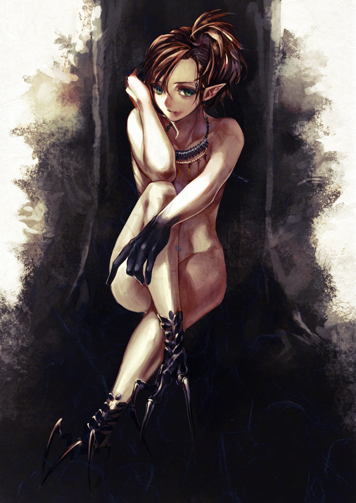 1girl amano_hana brown_hair claws elf female_focus green_eyes hair_ornament jewelry looking_at_viewer monster_girl necklace nude original pointy_ears scales short_hair solo topknot tree