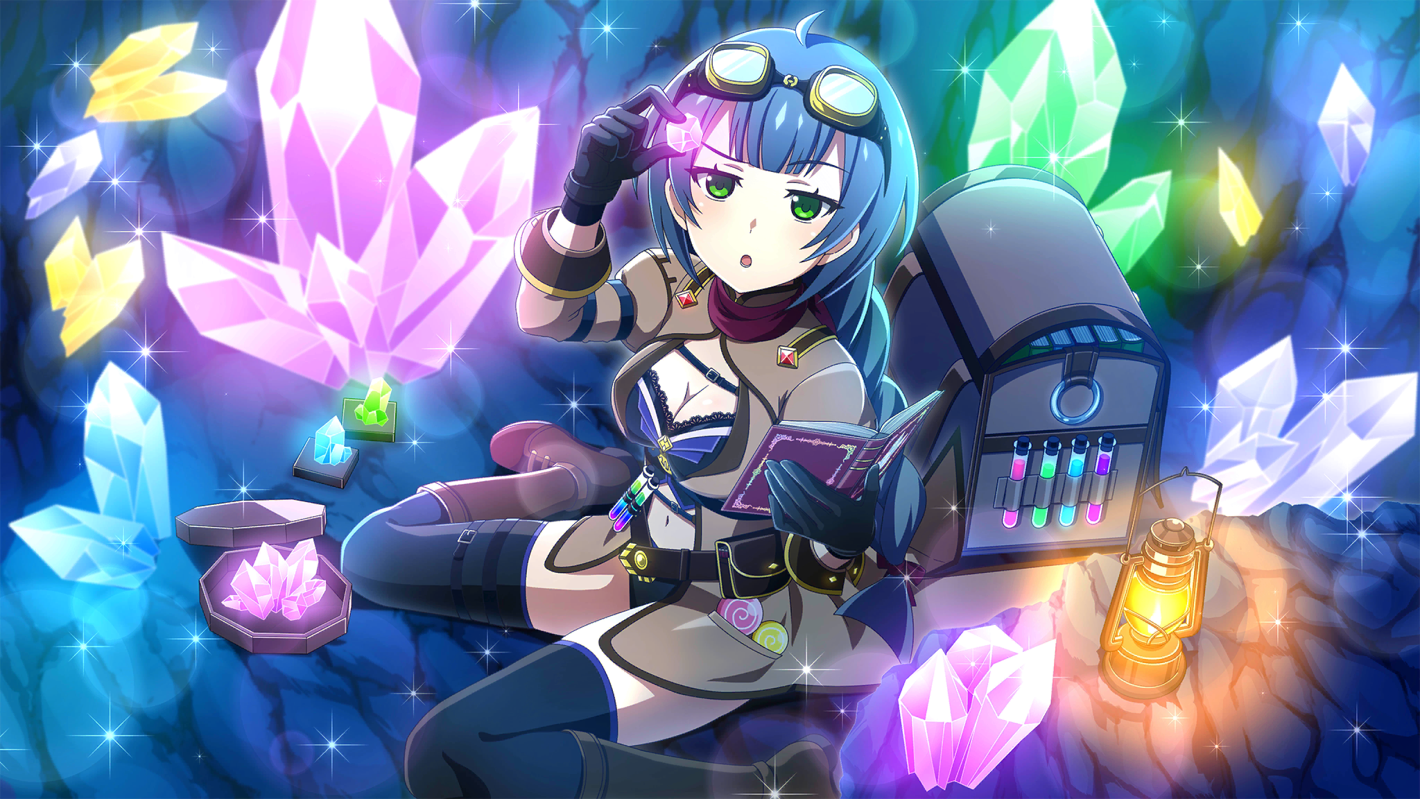 1girl :o ahoge backpack bag belt belt_buckle black_belt black_gloves black_shorts black_thighhighs blue_hair blurry book boots breasts brown_belt brown_boots brown_jacket buckle cave cleavage crystal depth_of_field foot_out_of_frame from_above game_cg gloves green_eyes highres higurashi_no_naku_koro_ni higurashi_no_naku_koro_ni_mei holding holding_book holding_crystal indoors jacket kurosawa_chisame lantern lens_flare long_hair long_sleeves looking_at_object non-web_source official_alternate_hairstyle official_art open_book open_clothes open_jacket shorts sitting solo sparkle test_tube test_tube_holster thigh_belt thigh_strap thighhighs thinking wariza