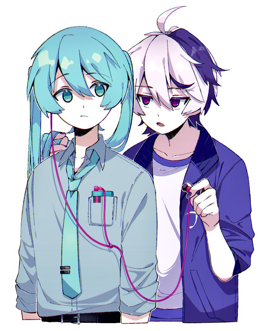 2girls ahoge alternate_costume androgynous aqua_eyes aqua_hair aqua_necktie belt black_belt blue_hair blue_jacket closed_mouth collarbone commentary digital_media_player earbuds earphones flower_(vocaloid) flower_(vocaloid4) grey_shirt hatsune_miku holding holding_another&#039;s_hair jacket kazuse616 long_hair multicolored_hair multiple_girls necktie open_clothes open_jacket open_mouth pale_skin pocket purple_eyes shirt short_hair sidelocks simple_background streaked_hair tie_clip twintails very_long_hair vocaloid white_background white_hair white_shirt
