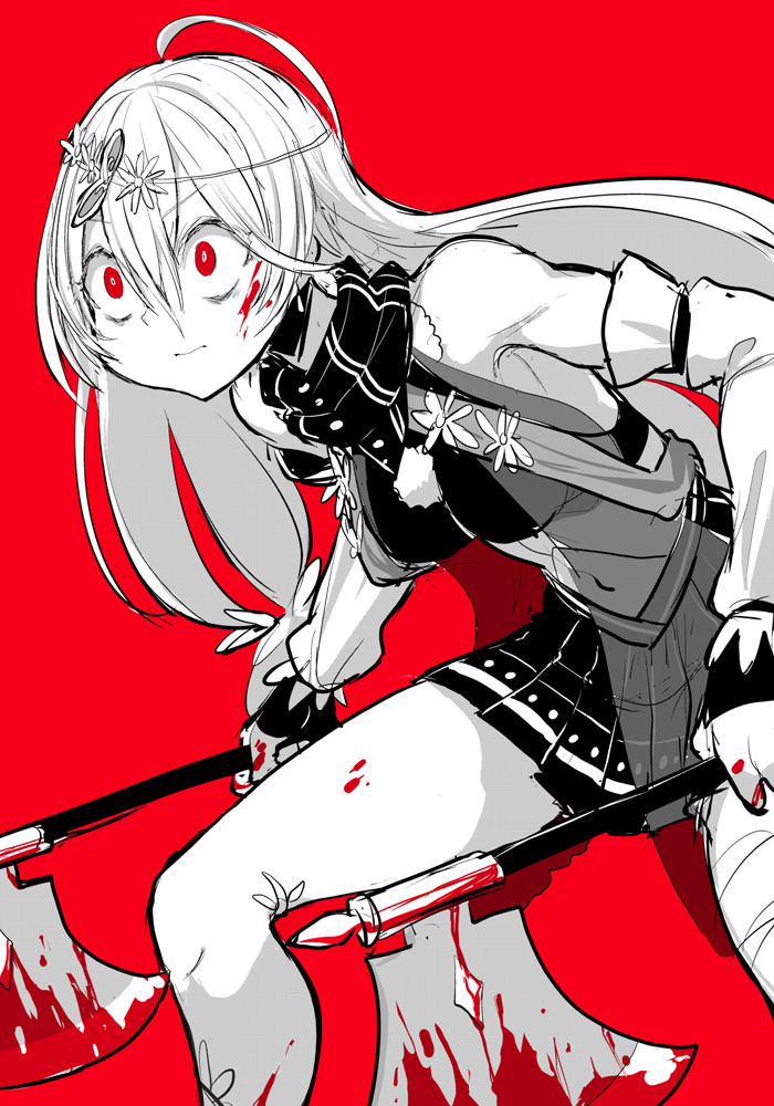 1girl ahoge aoba_chika axe battle_axe blood blood_on_face bloody_weapon breasts commentary_request constricted_pupils crazy crop_top dual_wielding hair_between_eyes holding holding_axe holding_weapon ken_(koala) leaning_forward long_hair magia_record:_mahou_shoujo_madoka_magica_gaiden mahou_shoujo_madoka_magica medium_breasts navel pleated_skirt red_background red_eyes simple_background skirt solo standing weapon wide-eyed