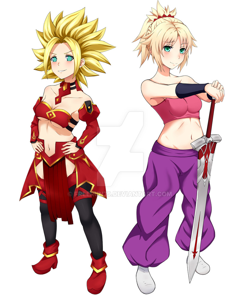 10s 2girls baggy_pants bandeau bare_shoulders black_legwear blonde_hair bracer breasts caulifla caulifla_(cosplay) choker clarent_(fate) cleavage collarbone cosplay costume_switch crossover detached_collar detached_sleeves dragon_ball dragon_ball_super fate/apocrypha fate/grand_order fate_(series) full_body green_eyes grin hair_ornament hair_scrunchie hands_on_own_hips high_heels holding holding_hands holding_sword holding_weapon looking_at_viewer medium_breasts medium_hair midriff mordred_(fate) mordred_(fate)_(cosplay) mordred_(fate/apocrypha) multiple_girls navel pants pelvic_curtain ponytail raised_eyebrow red_footwear scrunchie sideboob simple_background sleeveless smile spiked_hair strapless super_saiyan super_saiyan_1 sword underboob vambraces weapon white_footwear wristband