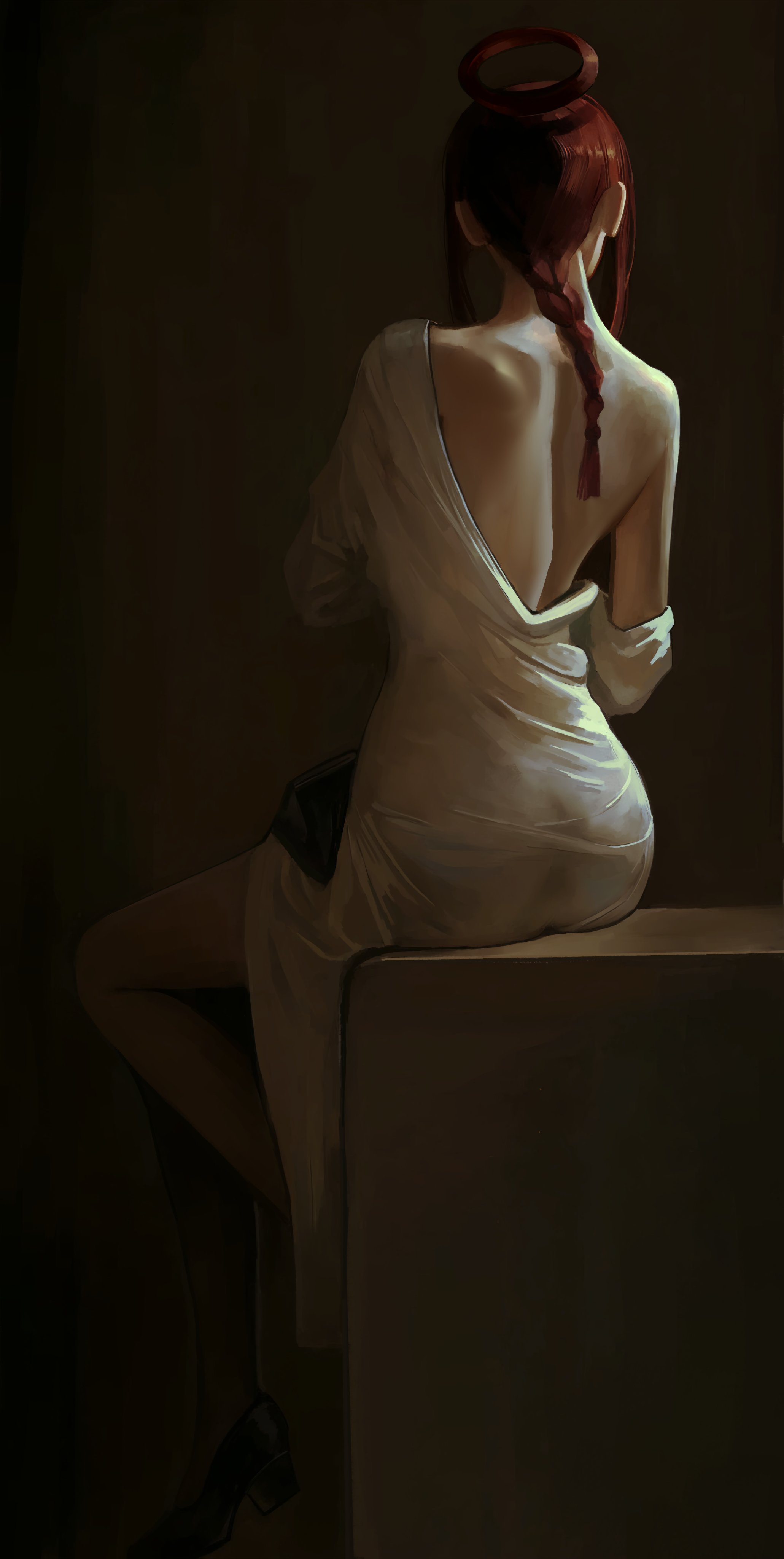 1girl absurdres back backless_dress backless_outfit braid chainsaw_man dress faux_traditional_media from_behind full_body halo highres long_hair makima_(chainsaw_man) mymzi realistic red_hair red_halo single_braid sitting solo white_dress