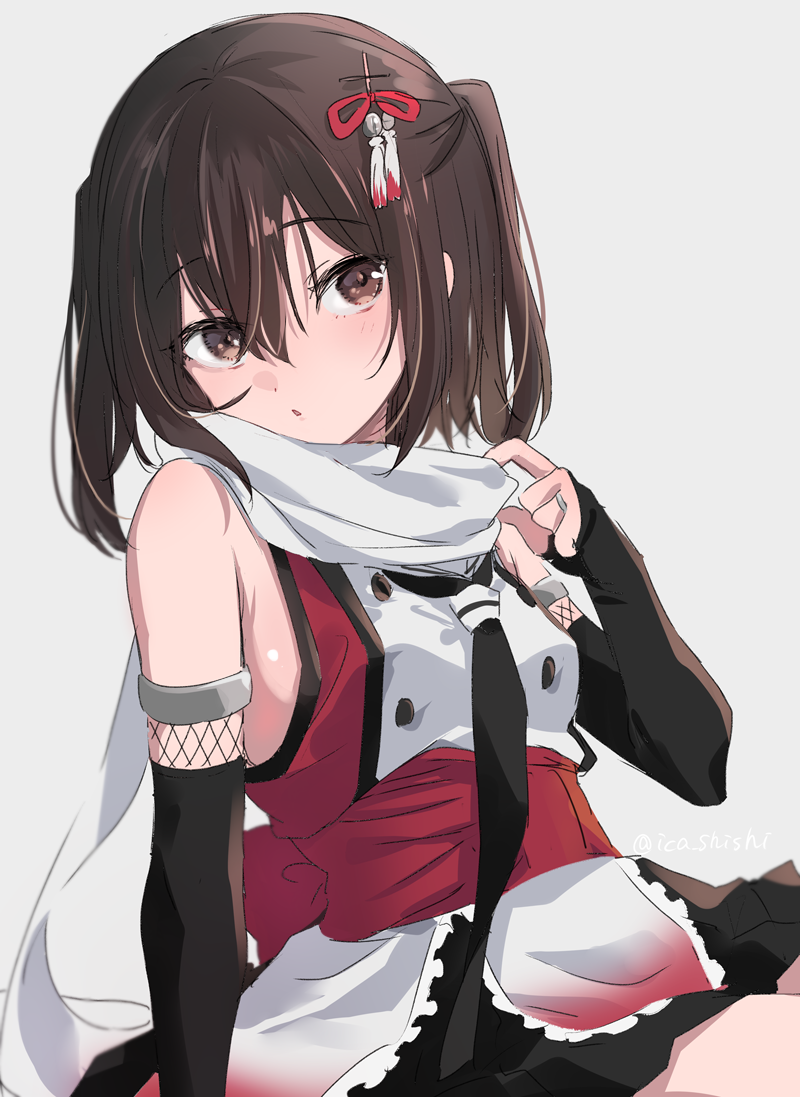 1girl black_gloves black_neckerchief breasts brown_eyes brown_hair elbow_gloves fingerless_gloves fishnets gloves grey_background hair_between_eyes hair_ornament ica jewelry kantai_collection neckerchief parted_lips ring scarf sendai_(kancolle) sendai_kai_ni_(kancolle) simple_background sleeveless small_breasts solo twitter_username two_side_up white_scarf