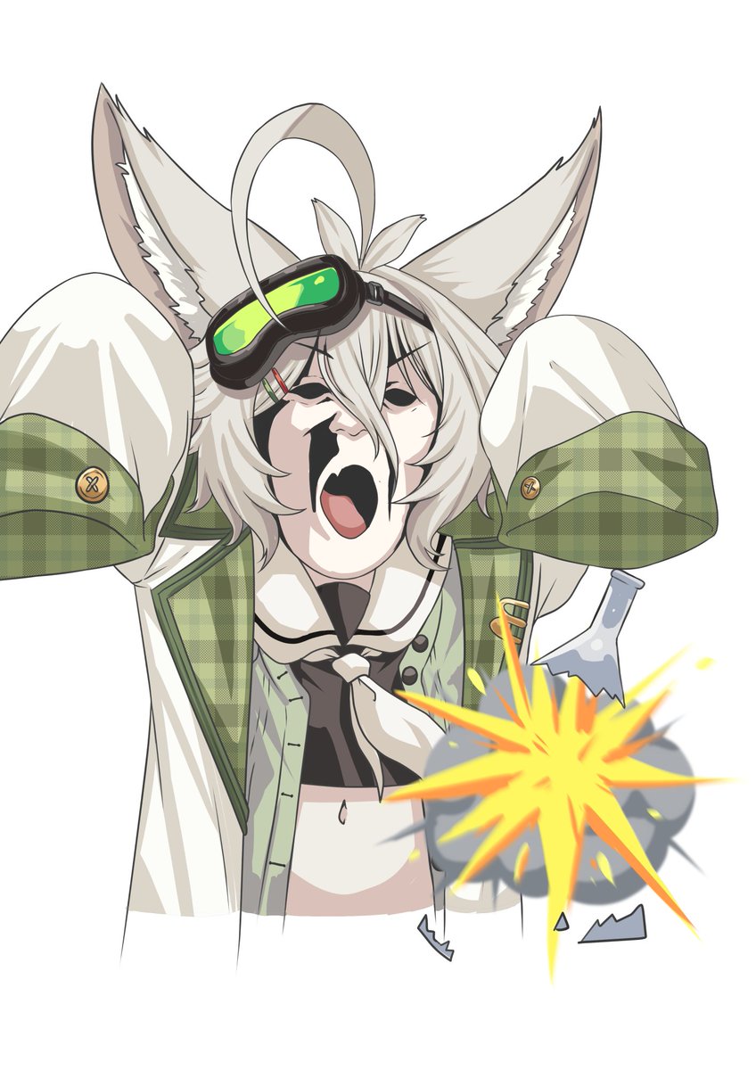 1girl ahoge ai-generated_art_(topic) animal_ear_fluff animal_ears ash_baby_(meme) black_serafuku commentary english_commentary explosion fang fox_ears goggles goggles_on_head hair_between_eyes hair_ornament hairclip highres hollow_eyes huge_ahoge lab_coat lapels long_sleeves meme navel nexas_(vtuber) notched_lapels nowi_inari puffywaffles sailor_collar school_uniform serafuku sleeves_past_fingers sleeves_past_wrists solo tongue virtual_youtuber white_hair white_sailor_collar