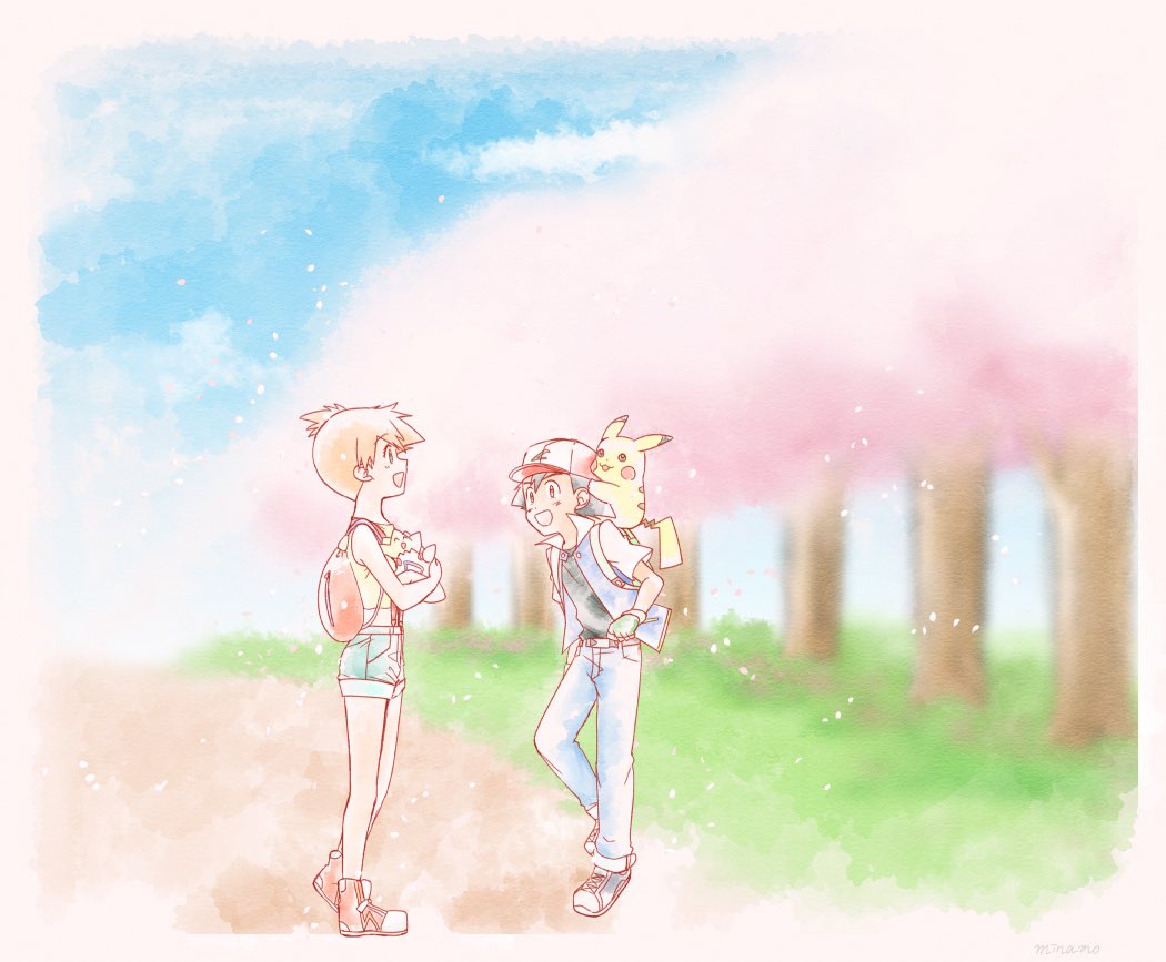 1boy 1girl :d ash_ketchum asymmetrical_hair backpack bag baseball_cap belt black_hair black_shirt cherry_blossoms cloud creatures_(company) day denim fingerless_gloves game_freak gen_1_pokemon gen_2_pokemon gloves grass green_shorts hat holding holding_strap jacket looking_at_another misty_(pokemon) nintendo on_shoulder open_mouth orange_hair outdoors pants pikachu pokemon pokemon_(anime) pokemon_(classic_anime) pokemon_(creature) pokemon_on_shoulder pokemon_rgby ponytail shirt shoes short_hair short_sleeves shorts side_ponytail sky sleeveless sleeveless_jacket smile sneakers standing suspenders togepi tree walking yellow_shirt