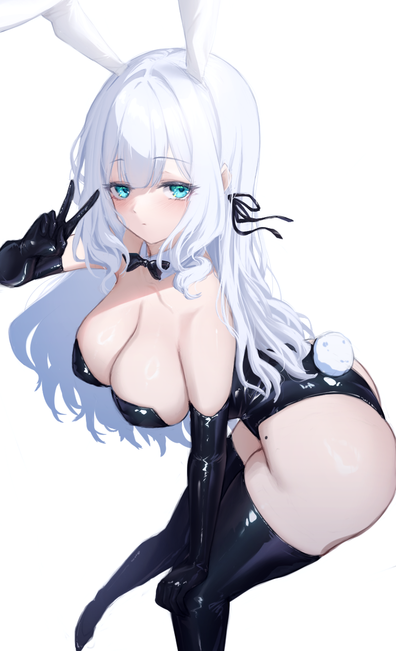 1girl animal_ears bent_over black_bow black_bowtie black_gloves black_leotard black_thighhighs blush bow bowtie breasts cleavage closed_mouth gloves green_eyes hair_between_eyes hand_on_own_knee highleg highleg_leotard highres jdnyang large_breasts leotard long_hair looking_at_viewer mole mole_on_stomach original partially_fingerless_gloves playboy_bunny rabbit_ears rabbit_girl rabbit_tail sidelocks solo strapless strapless_leotard tail thighhighs w white_hair