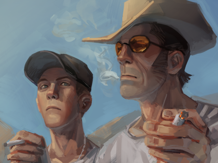 2boys baseball_cap black-framed_eyewear black_hat blue_eyes blue_sky brown_hair cigarette closed_mouth commentary cowboy_hat english_commentary frown glasses hand_up hat heavylovertf2 holding holding_cigarette jewelry looking_to_the_side male_focus mountain mountainous_horizon multiple_boys necklace partially_shaded_face scout_(tf2) shirt sideburns sky smoke smoke_trail smoking sniper_(tf2) t-shirt team_fortress_2 tinted_eyewear upper_body white_hat white_shirt yellow-tinted_eyewear