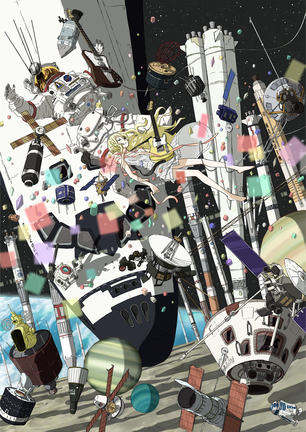1girl apollo_11 appollo_(spacecraft) arakawa_(aintnoroom) ares arianne astromech_droid astronaut atlas_(rocket) ball_(gundam) bare_shoulders barefoot blonde_hair closed_eyes confetti dress earth_(planet) electric_guitar endeavour endeavour_(spacecraft) female_focus fender_(company) fender_telecaster floating floating_hair galileo gemini_(spacecraft) gloves guitar gundam hayabusa_(spacecraft) helmet highres hubble hubble_space_telescope_(spacecraft) instrument jupiter_(planet) legs long_hair mariner_10 mariner_10_(spacecraft) mecha moon neptune_(planet) new_horizons original orion_(spacecraft) pioneer_10 pioneer_10_(spacecraft) planet r2-d2 ribbon robot rocket_ship sakigake_(spacecraft) satellite saturn_v skirt sky skylab solo soyuz space space_shuttle space_shuttle_(spacecraft) spacecraft spacelab_(spacecraft) spacesuit sputnik sputnik_1_(spacecraft) star_(sky) star_(symbol) star_wars starry_sky tears titan_(rocket) uranus_(planet) viking_i viking_orbiter_(spacecraft) voskhod voyager voyager_(spacecraft) white_dress zero_gravity