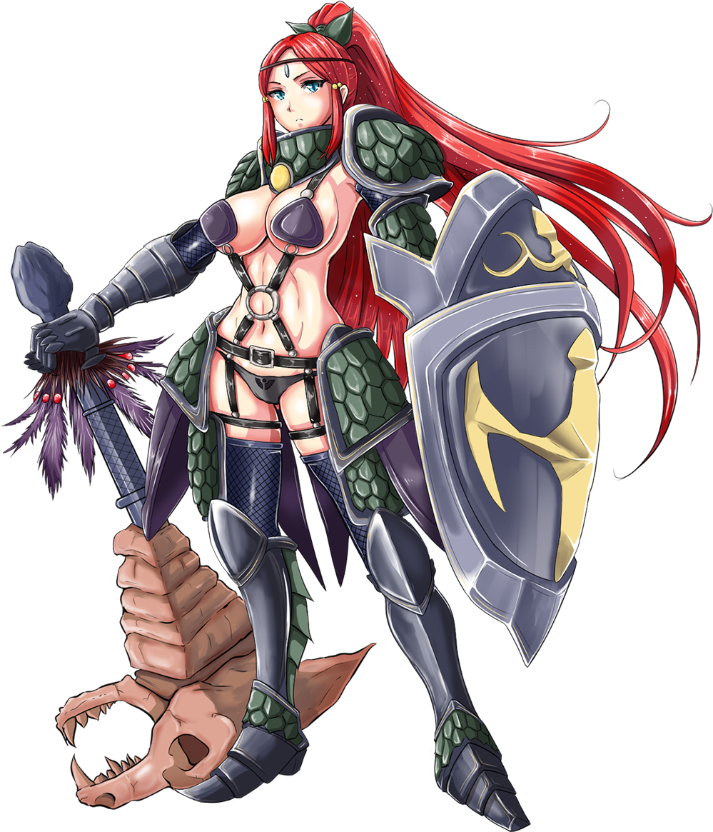 1girl abs animal_skull armor armpits artist_request bad_source black_panties blue_eyes breasts danan_(sennen_sensou_aigis) full_body game_cg holding holding_shield holding_weapon long_hair metal_gloves navel official_art panties red_hair revealing_clothes scale_armor sennen_sensou_aigis shield shoulder_armor solo third-party_source transparent_background underwear weapon