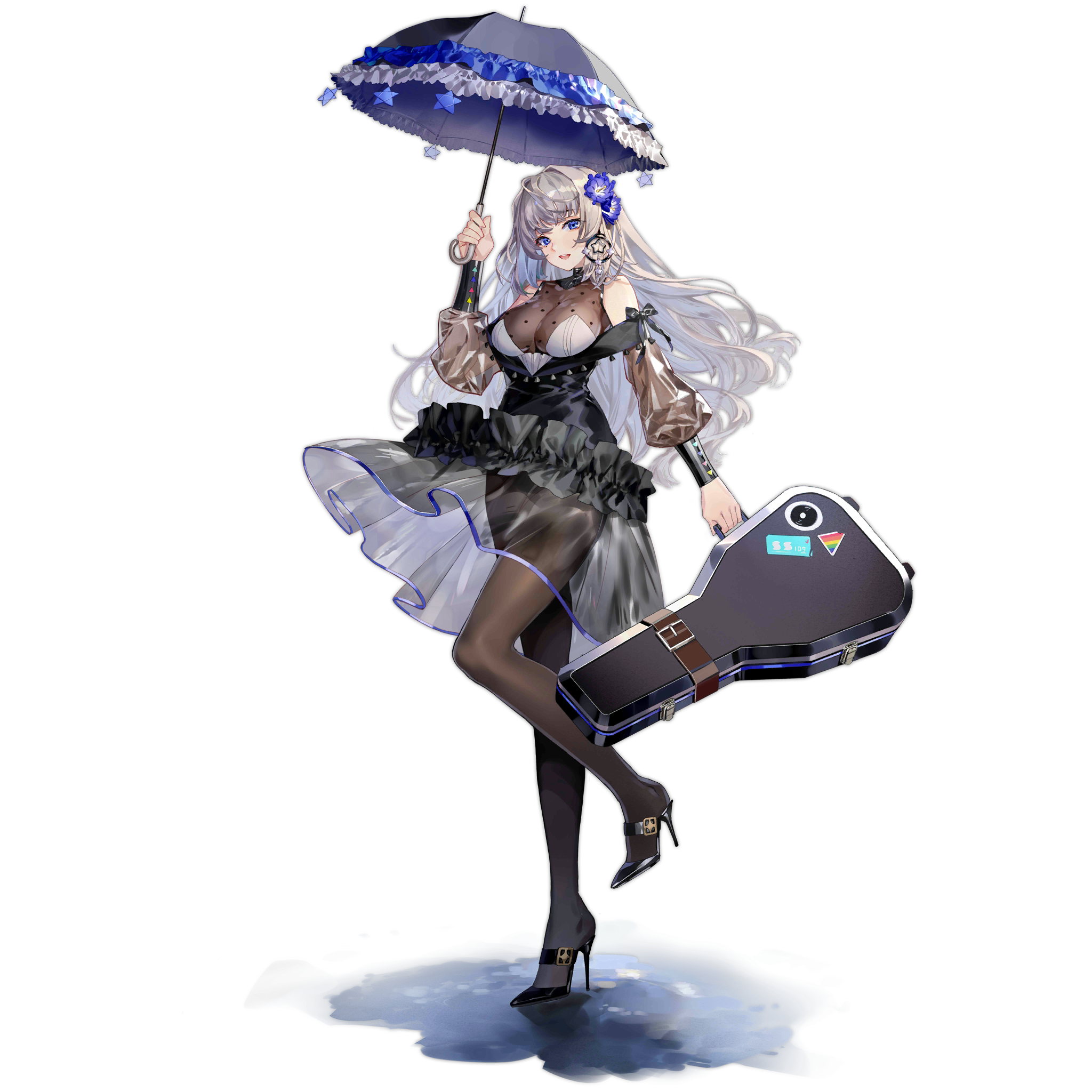 1girl black_dress black_footwear black_pantyhose black_umbrella blue_eyes breasts dress flower fx-05_(girls'_frontline) fx-05_(she_walks_in_the_rain)_(girls'_frontline) girls'_frontline grey_hair hair_flower hair_ornament high_heels highres holding holding_case holding_umbrella large_breasts long_hair looking_at_viewer miyazakisoul official_art open_mouth pantyhose solo standing standing_on_one_leg transparent_background umbrella weapon_case