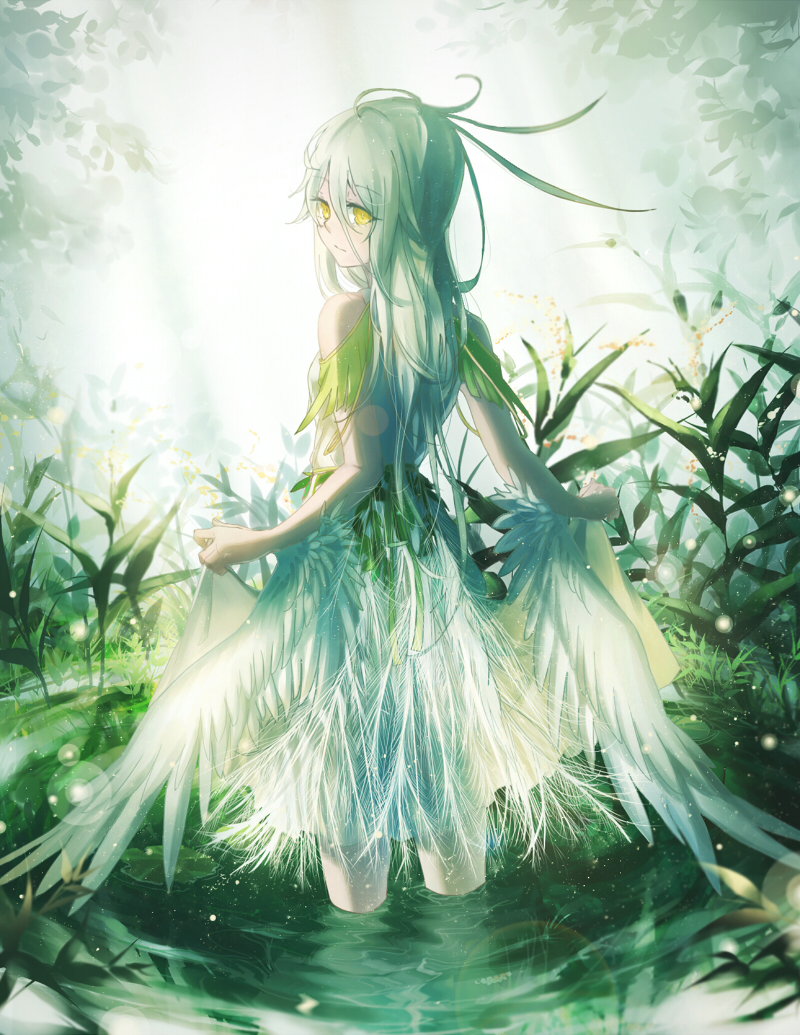 1girl backlighting bow commentary domik dress fantasy feathers female_focus from_behind grass lens_flare light light_particles long_hair looking_at_viewer looking_back original pale_skin plant pond skirt_hold solo wading white_dress white_hair wings yellow_eyes