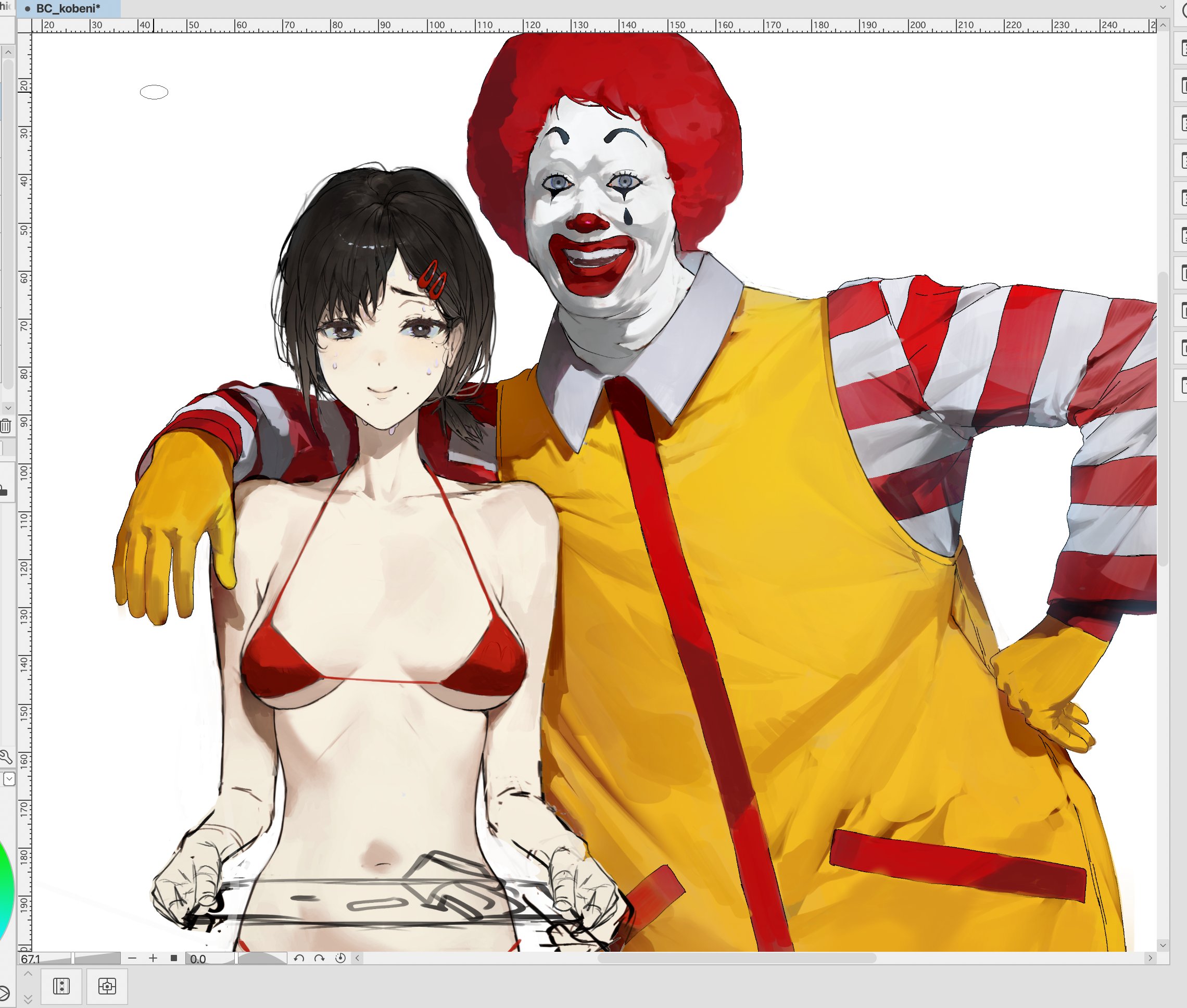 1boy 1girl :d afro alternate_costume arm_on_another's_shoulder art_program_in_frame bare_arms bare_shoulders bikini black_eyes black_hair breasts breasts_apart bright_pupils chainsaw_man clip_studio_paint clip_studio_paint_(medium) closed_mouth clown colored_skin crossover eyelashes facepaint flustered frown gloves grey_eyes hair_ornament hairclip hand_on_own_hip heavenmole height_difference higashiyama_kobeni highres holding holding_tray lipstick long_sleeves looking_at_viewer low_ponytail makeup mark_under_eye mcdonald's medium_breasts micro_bikini navel open_mouth pocket ponytail red_bikini red_hair red_lips red_shirt ronald_mcdonald shirt short_hair short_ponytail side-by-side simple_background smile string_bikini striped_clothes striped_shirt sweat swimsuit teardrop_facial_mark teeth tray unfinished upper_body vest white_background white_pupils white_shirt white_skin wing_collar yellow_gloves yellow_vest