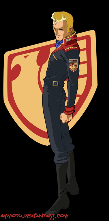 1boy ammotu black_background blonde_hair boots commentary deviantart_username emblem english_commentary gundam jerid_messa logo looking_at_viewer looking_to_the_side military_uniform photoshop_(medium) pompadour science_fiction signature smirk titans_(gundam) zeta_gundam