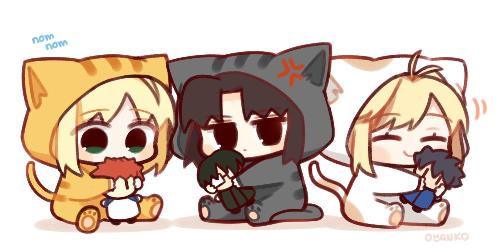3girls ahoge anger_vein animal_costume animal_ears arcueid_brunestud artoria_pendragon_(fate) black_hair blonde_hair blush cat_costume cat_ears cat_tail chibi closed_eyes emiya_shirou fake_animal_ears fake_tail fate/stay_night fate_(series) green_eyes happy highres hug kara_no_kyoukai kokutou_mikiya multiple_girls oyankoa ryougi_shiki saber_(fate) smile stuffed_toy tail tohno_shiki tsukihime type-moon_heroines