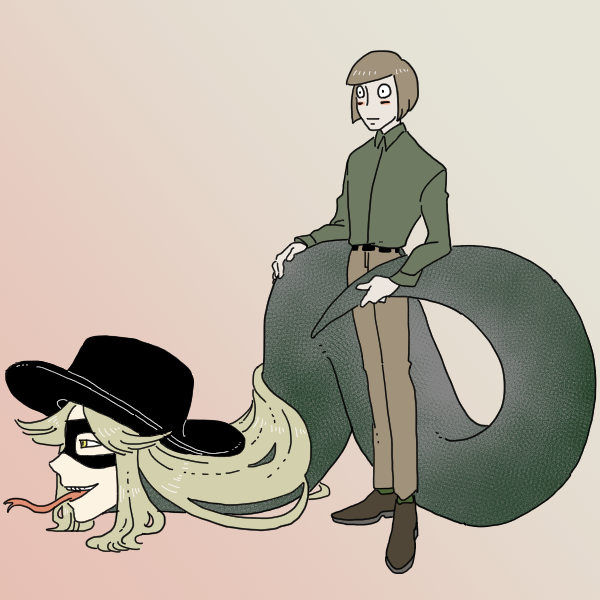 1boy 1girl akaiti blonde_hair brown_hair domino_mask forked_tongue full_body gradient_background green_shirt hat human_head long_hair luther_von_ivory mask nana_(randal&#039;s_friends) pink_background randal&#039;s_friends shirt short_hair simple_background snake_girl standing sun_hat tongue tongue_out yellow_background