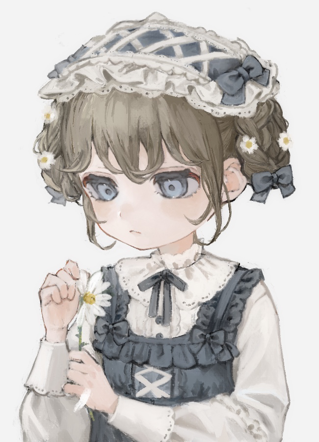 1girl blue_dress blue_eyes blue_ribbon bow brown_hair child daisy double_bun dress flower frown grey_background hair_bow hair_bun hair_flower hair_ornament hairband holding holding_flower long_sleeves neck_ribbon original petals pinafore_dress plucking_petals ribbon shirt sidelocks simple_background sleeveless sleeveless_dress solo tomoja_rs upper_body white_shirt