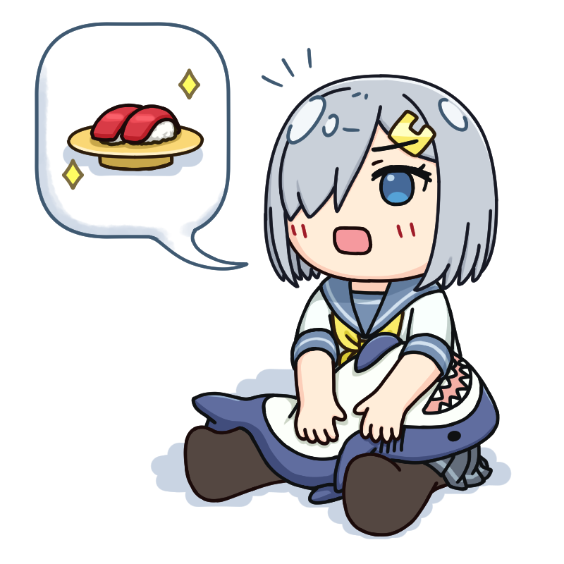 1girl black_pantyhose blue_eyes commentary_request food grey_hair grey_sailor_collar grey_skirt hair_ornament hair_over_one_eye hairclip hama!_(3toshinhmkz) hamakaze_(kancolle) kantai_collection neckerchief no_nose open_mouth pantyhose pleated_skirt sailor_collar school_uniform serafuku short_hair simple_background skirt solo speech_bubble stuffed_animal stuffed_shark stuffed_toy sushi white_background yellow_neckerchief