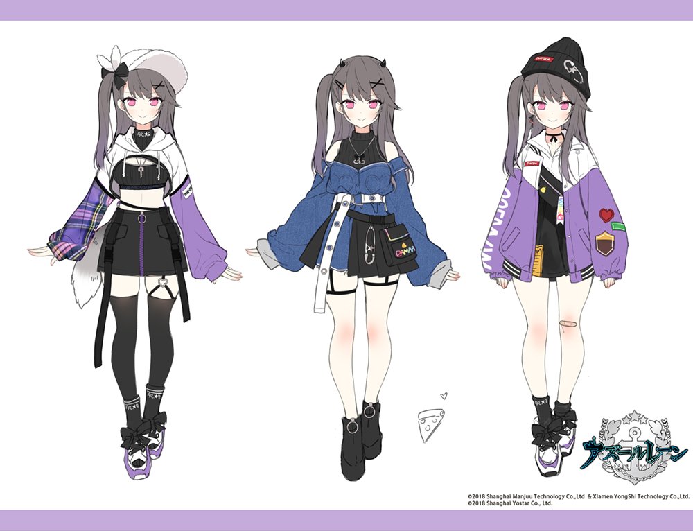 1girl azur_lane beanie black_bow black_footwear black_hair black_hat black_skirt black_thighhighs blue_jacket bow byulzzi concept_art full_body hair_bow hair_ornament hairclip hat jacket logo multiple_views official_alternate_costume pamiat_merkuria_(azur_lane) pamiat_merkuria_(chic_and_cheeky)_(azur_lane) pink_eyes purple_footwear purple_jacket purple_shrug shrug_(clothing) simple_background skirt swept_bangs thighhighs two-tone_shrug white_background white_shrug x_hair_ornament