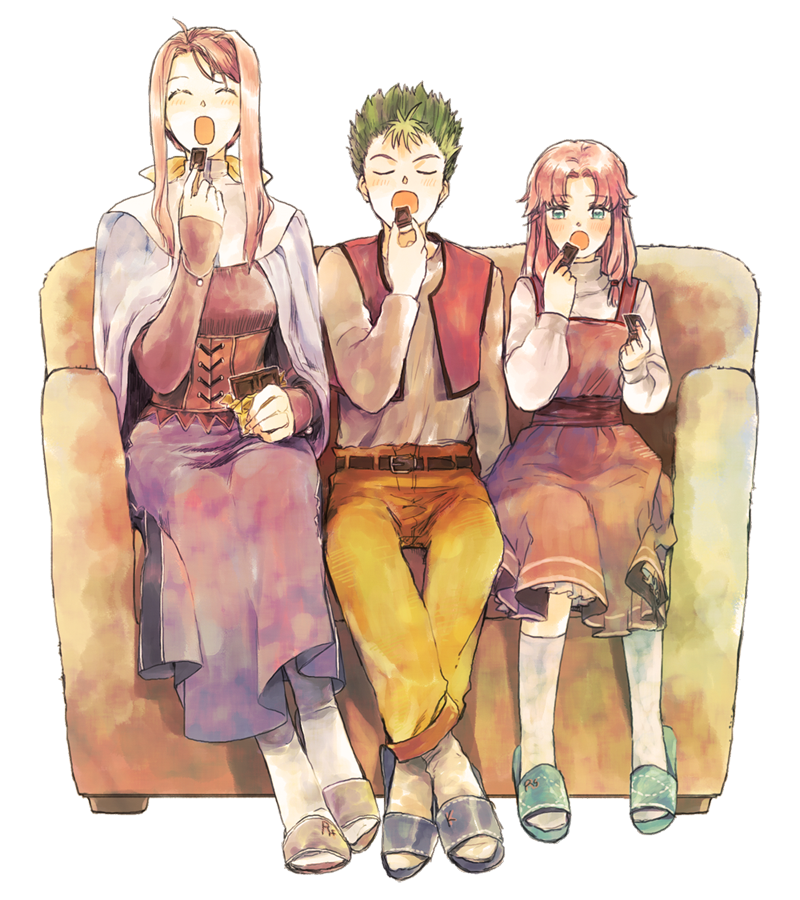 1boy 2girls aqua_sandals asymmetrical_bangs blue_eyes blue_sandals chocolate closed_eyes couch curtained_hair dress eating eiyuu_densetsu food gaha_(charat08) girdle green_hair kevin_graham long_hair multiple_girls pants pink_hair ries_argent rufina_argent sandals shirt short_hair siblings simple_background sisters socks sora_no_kiseki white_background white_sandals white_shirt white_socks yellow_pants