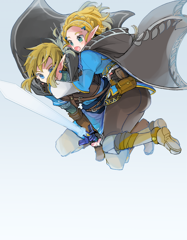 1boy 1girl ass atsumi_yoshioka blonde_hair blue_eyes braid cape crown_braid earrings gloves green_eyes hood hug jewelry jump link nintendo open_mouth pointy_ears princess_zelda short_hair sidelocks smile sword the_legend_of_zelda the_legend_of_zelda:_breath_of_the_wild the_legend_of_zelda:_tears_of_the_kingdom weapon