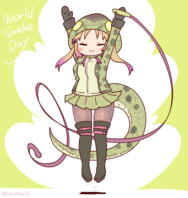 1girl african_rock_python_(kemono_friends) blonde_hair blush breasts coroha drawstring gloves hood hood_up hooded_jacket jacket jumping kemono_friends kemono_friends_3 long_hair long_sleeves medium_breasts multicolored_hair print_jacket purple_hair skirt smile snake_hood snake_print snake_tail tail two-tone_hair whip