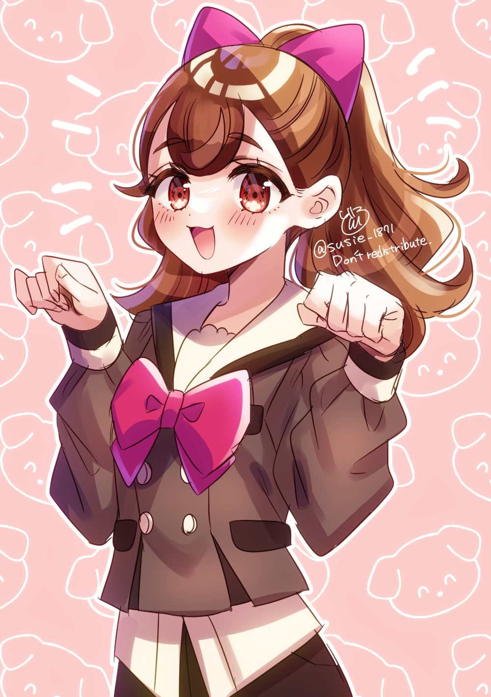 1girl blush bow bowtie brown_cardigan brown_hair brown_skirt cardigan doroshii dress_shirt hair_bow inukai_komugi long_hair long_sleeves open_mouth paw_pose pink_bow pink_bowtie pleated_skirt ponytail precure red_eyes school_uniform second_wangan_school_uniform shirt skirt solo twitter_username white_shirt wonderful_precure!