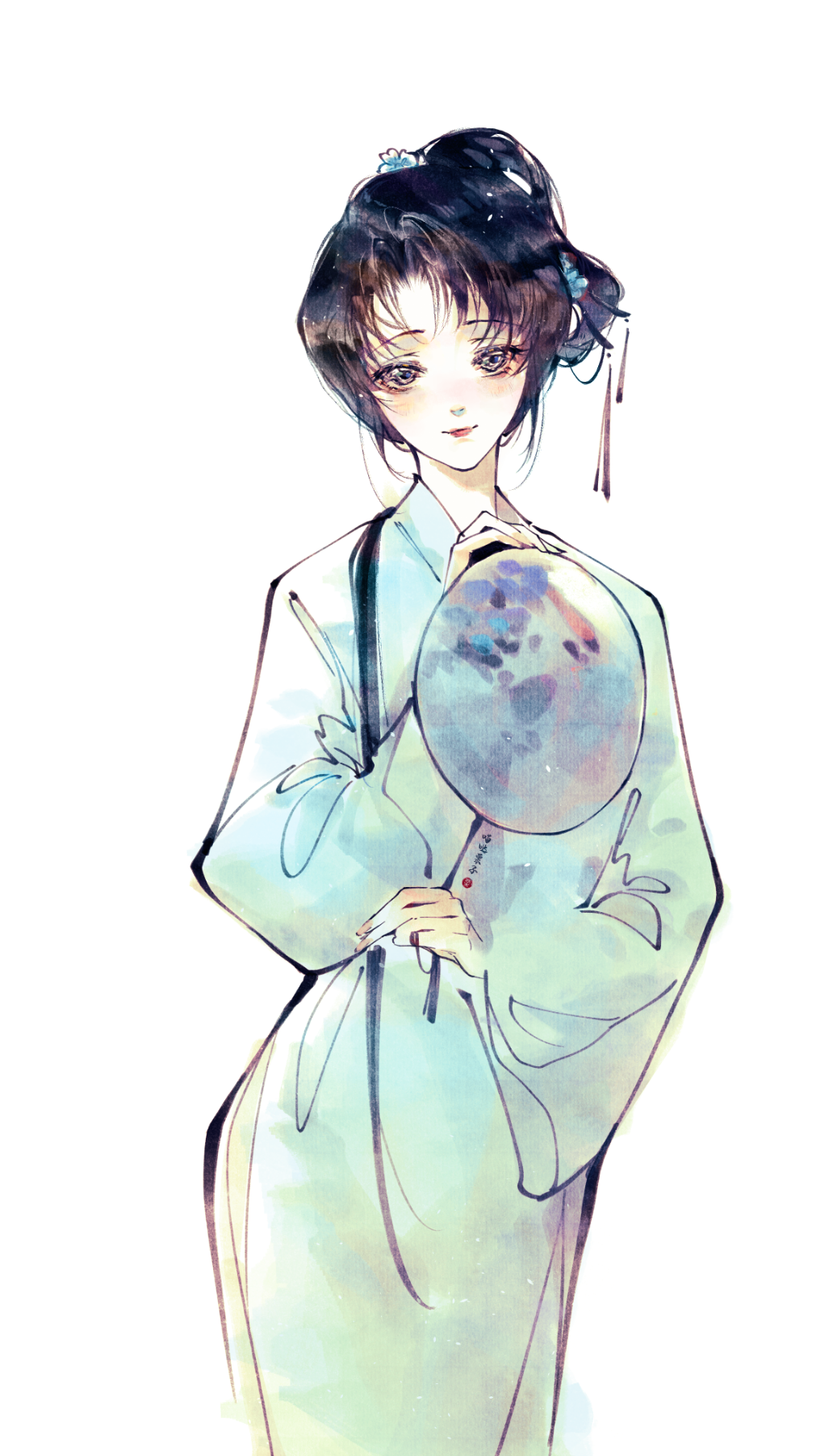 1girl aqua_hanfu black_eyes black_hair blue_flower chinese_clothes chinese_commentary cowboy_shot flower hair_rings hand_fan hanfu highres long_sleeves looking_at_viewer miaodalizi original smile solo tuanshan white_background zhijupao
