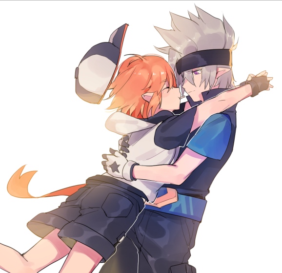 2boys aotu_world baseball_cap black_gloves black_hat black_shorts blonde_hair blue_shirt blush bokyo closed_eyes closed_mouth cowboy_shot fingerless_gloves from_side gloves grey_(aotu_world) grey_hair hat headband hood hood_down hooded_jacket hoodie hug jacket king_(aotu_world) male_focus medium_hair multiple_boys pants pointy_ears purple_eyes shirt short_hair short_sleeves shorts simple_background smile spiked_hair tail unworn_hat unworn_headwear white_background white_gloves white_hoodie yaoi