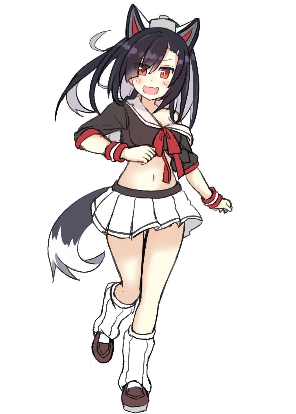 1girl animal_ears atsushi_(aaa-bbb) azur_lane black_hair blush breasts cleavage fang female_focus hair_between_eyes highres leg_up loafers long_hair looking_at_viewer loose_socks midriff multicolored_hair navel off_shoulder open_mouth pleated_skirt red_eyes red_ribbon ribbon school_uniform scrunchie serafuku shigure_(azur_lane) shoes short_sleeves simple_background skirt smile socks solo tail two-tone_hair white_background white_skirt wolf_ears wolf_tail