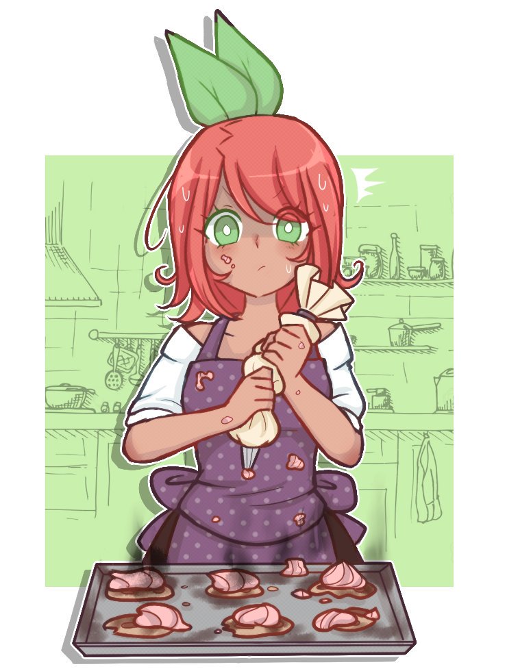 1girl apron bad_food baking_sheet blush burnt_food closed_mouth commentary dark-skinned_female dark_skin drop_shadow english_commentary eyelashes green_eyes green_ribbon gurinnpop hair_ribbon holding holding_pastry_bag icing icing_on_face indoors kitchen medium_hair original outline pastry_bag purple_apron red_hair ribbon solo sweat white_outline