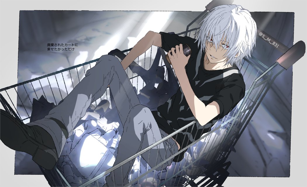 1boy accelerator_(toaru_majutsu_no_index) albino androgynous ankle_belt black_footwear black_shirt border can canned_coffee dappled_sunlight diagonal-striped_shirt drink_can from_above grey_background grey_pants hair_between_eyes hand_up holding holding_can in_shopping_cart knee_up light_smile looking_at_viewer official_alternate_costume pale_skin pants red_eyes s_m_831 sanpaku shirt shopping_cart short_hair short_sleeves signature sitting solo sunlight toaru_majutsu_no_index toaru_majutsu_no_index:_old_testament white_border white_hair