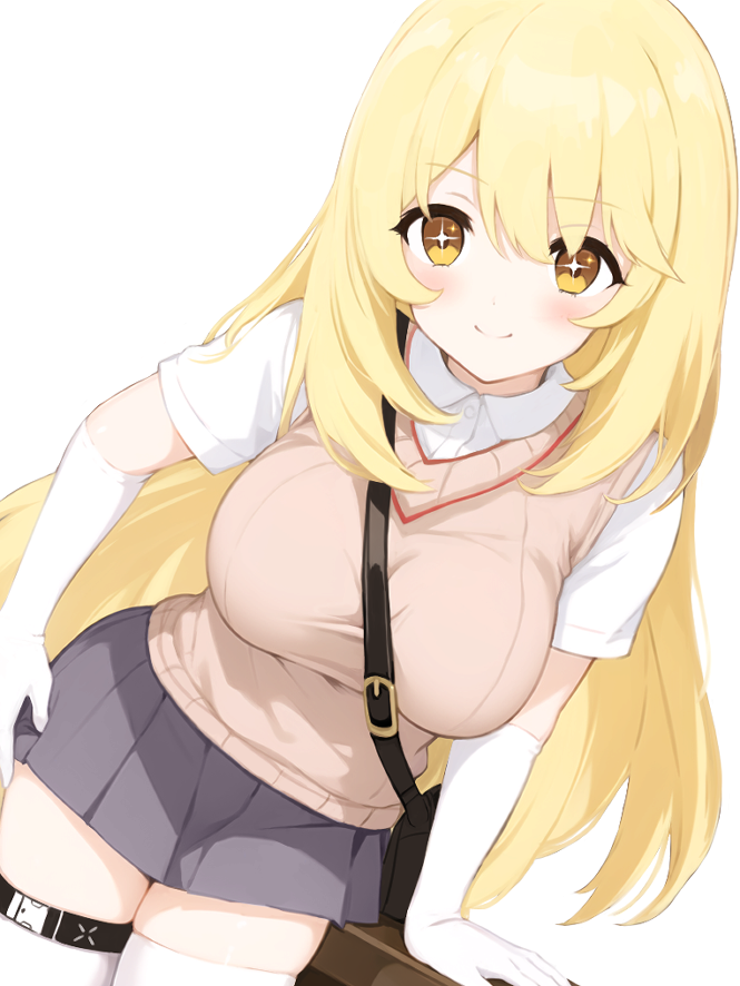 1girl arm_support belt blue_archive breasts brown_eyes brown_sweater_vest closed_mouth collared_shirt elbow_gloves gloves grey_skirt hair_between_eyes large_breasts leaning_to_the_side looking_at_viewer miniskirt no_emblem paid_reward_available pleated_skirt sa_(nax49) school_uniform shirt shokuhou_misaki short_sleeves skirt smile solo sparkling_eyes summer_uniform sweater_vest thigh_belt thigh_strap thighhighs toaru_kagaku_no_railgun toaru_majutsu_no_index tokiwadai_school_uniform white_gloves white_shirt white_thighhighs