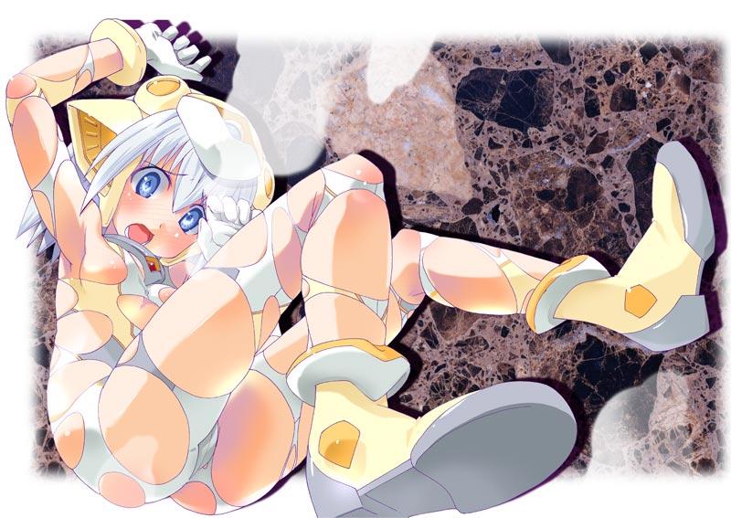 00s 1girl :o ankle_boots arm_up armpits ass blue_eyes blush bodysuit boots breasts embarrassed female_focus from_below from_side gloves hair_between_eyes headgear koharuno_silk looking_at_viewer no_bra no_panties open_mouth short_hair sideboob sitting skindentation small_breasts solo torn_bodysuit torn_clothes ultimate_girl white_hair
