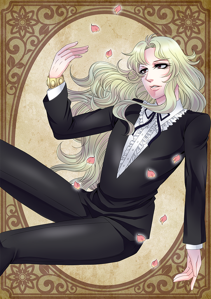 androgynous asaka_rei black_pants blonde_hair bracelet brown_eyes feet_out_of_frame gender_request hajime_(block_69) hand_up jewelry long_hair long_sleeves oniisama_e... pants petals simple_background solo