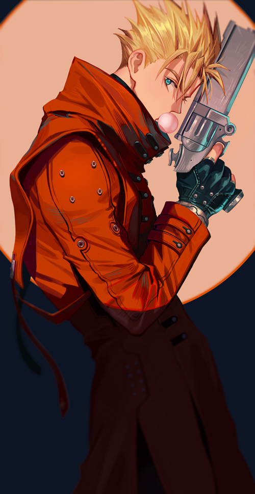 1boy agl_arms_.45_long_colt black_gloves blonde_hair blowing_bubble_gum blowing_bubbles blue_eyes break-action_revolver chewing_gum coat cowboy_shot gloves gun hand_up handgun holding holding_gun holding_weapon long_coat long_sleeves looking_at_viewer low_bore_axis_revolver male_focus partially_fingerless_gloves profile red_coat revolver saeldam solo spiked_hair spotlight standing trigun vash_the_stampede weapon
