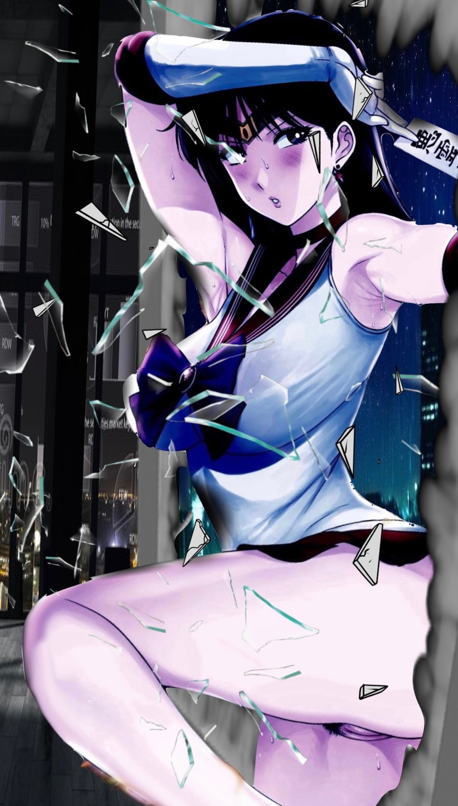1girl armpits autodefenestration bishoujo_senshi_sailor_moon black_hair blush breaking_through_window breasts broken_glass broken_window cleft_of_venus female_focus female_pubic_hair glass glass_shards gloves highres hino_rei jumping knee_up large_breasts long_hair no_panties pubic_hair purple_eyes pussy red_sailor_collar sailor_collar sailor_mars sailor_senshi sweat thick_thighs thighs toei_animation uncensored xter