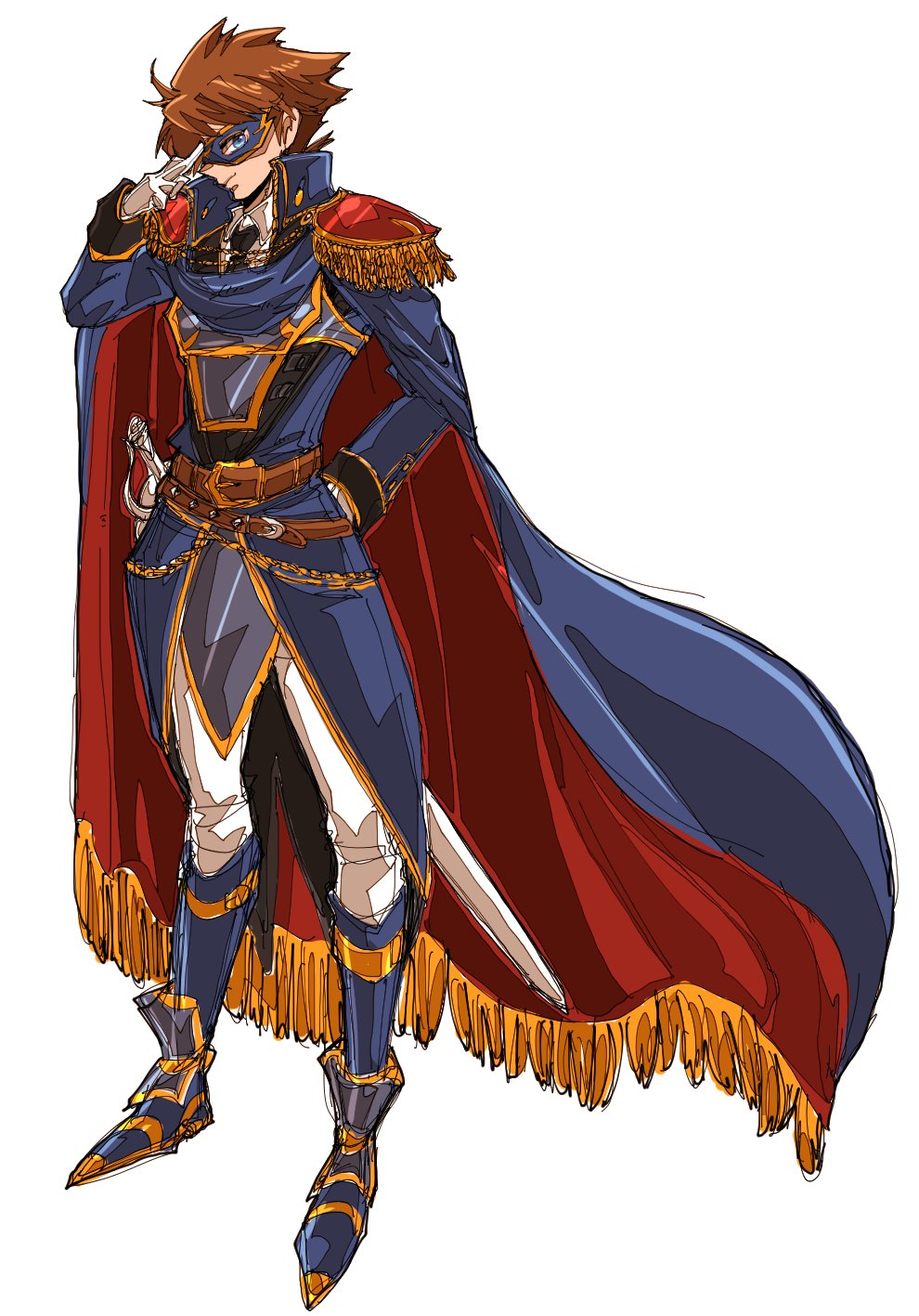 1boy bartz_klauser blue_cape blue_mage_(final_fantasy) boots brown_hair cape final_fantasy final_fantasy_v highres male_focus saitou_piyoko sheath sheathed sword weapon