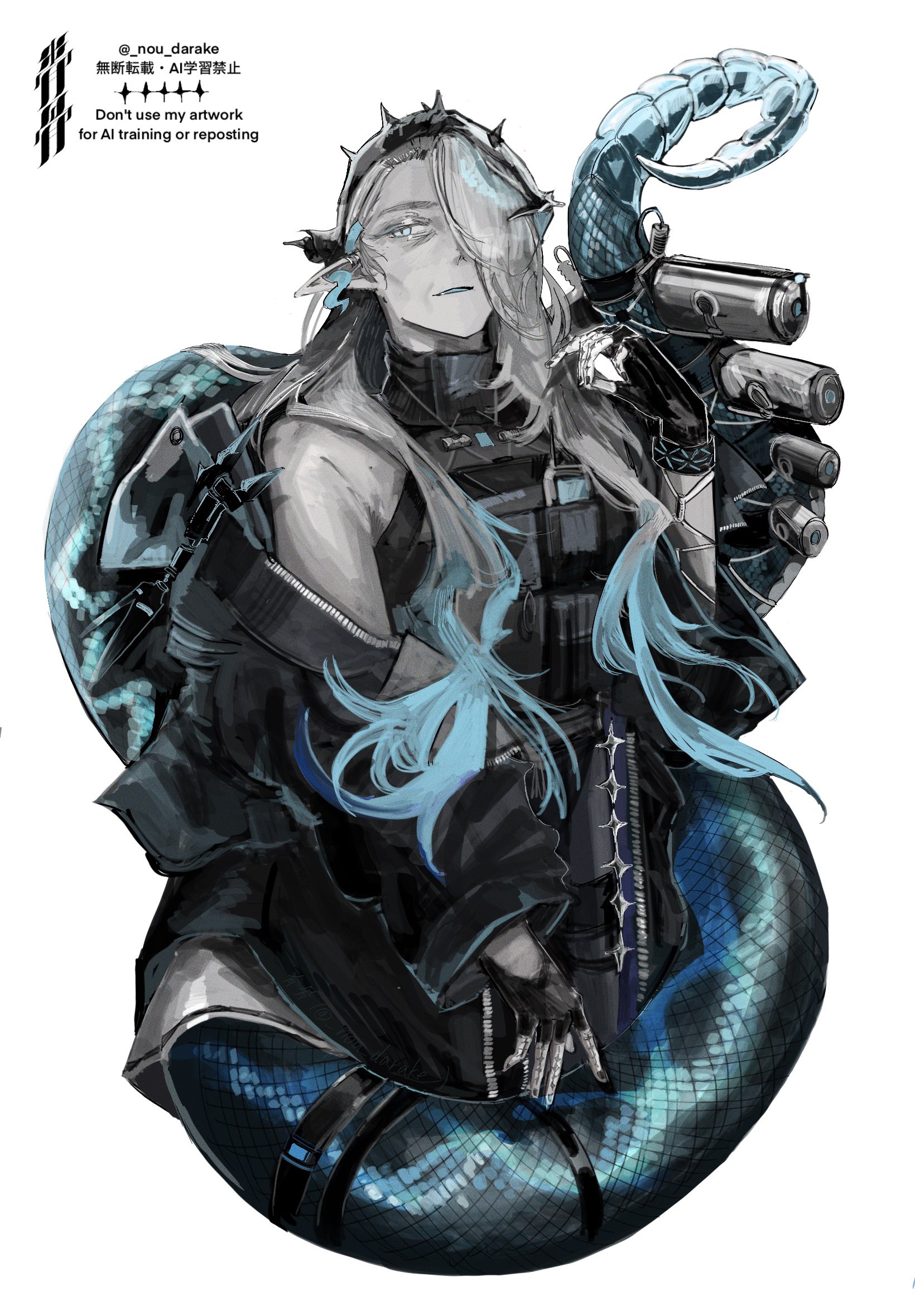 1girl aqua_hair arknights gradient_hair grey_hair highres long_hair mantra_(arknights) multicolored_hair nou_darake old old_woman pointy_ears slit_pupils snake_girl snake_tail solo tail