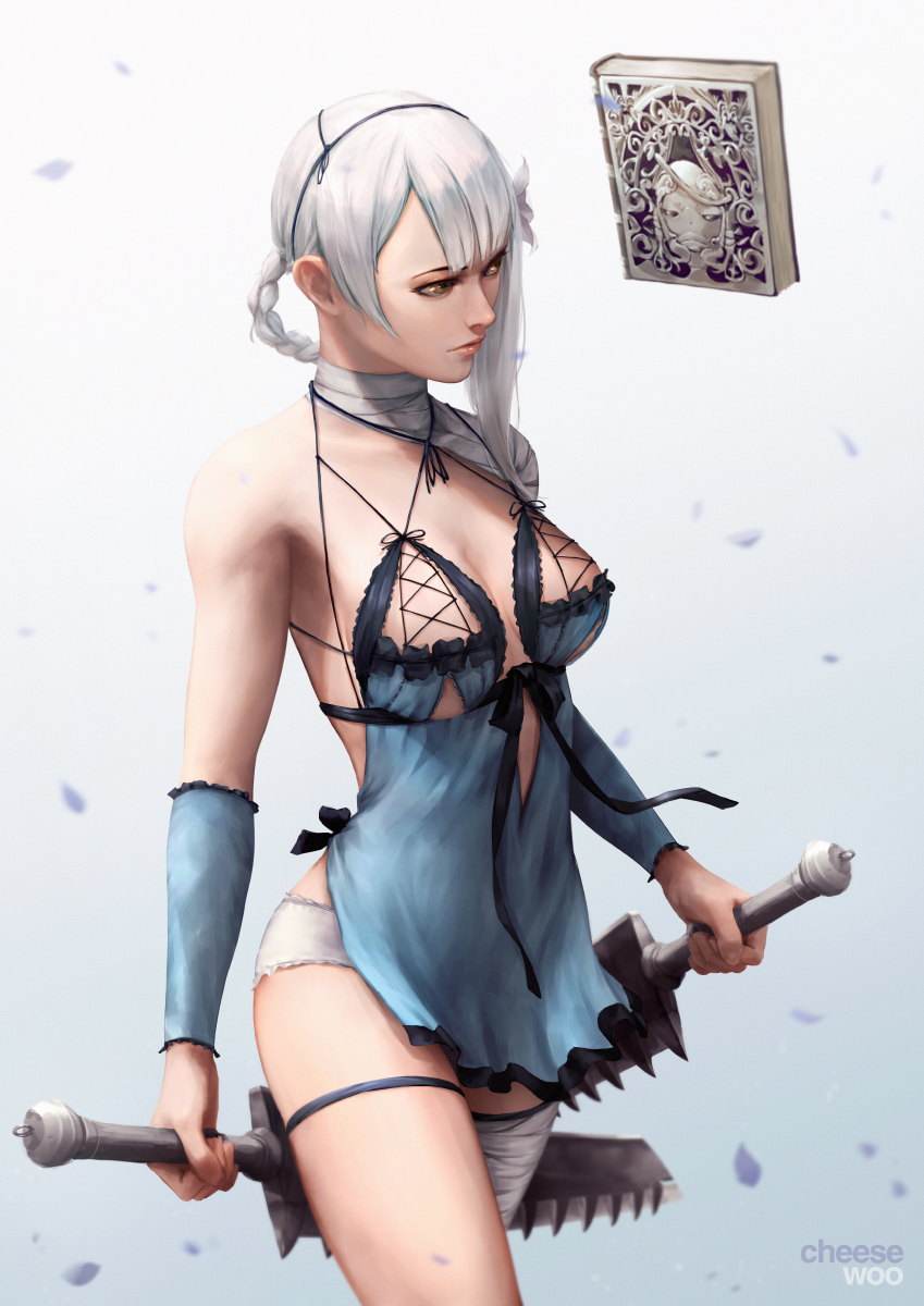 1girl artist_name asymmetrical_hair asymmetrical_legwear babydoll bandaged_arm bandaged_leg bandaged_neck bandages blue_dress book braid braided_ponytail breasts cheesewoo cowboy_shot detached_sleeves dress dual_wielding facing_viewer floating floating_book floating_object frilled_dress frilled_sleeves frills highres holding holding_sword holding_weapon kaine_(nier) lips looking_to_the_side lunar_tear medium_breasts nier nier_(series) panties petals revealing_clothes solo sword thigh_strap underwear weapon white_hair white_panties yellow_eyes