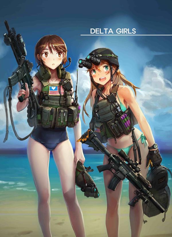 2girls :d assault_rifle backpack bag beach bikini blonde_hair blue_eyes brown_eyes brown_hair cloud collarbone day eotech flashlight gloves gun gun_sling headset helmet holding holding_gun holding_weapon holographic_weapon_sight hydration_carrier laser_sight leaning_forward legs light_stick load_bearing_vest long_hair looking_to_the_side m4_carbine maniac7 multiple_girls night-vision_device old_school_swimsuit one-piece_swimsuit open_mouth original outdoors radio_transceiver reflector_sight rifle school_swimsuit scope short_hair sight_(weapon) sky smile suppressor swimsuit tactical_light telescopic_sight thighs trigger_discipline vest watch water weapon wristwatch